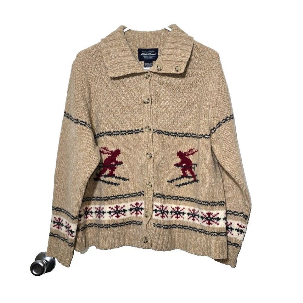 Eddie Bauer Cardigan XLP Lambs Wool Full Button Ski Nordic Fair Isles Brown Knit